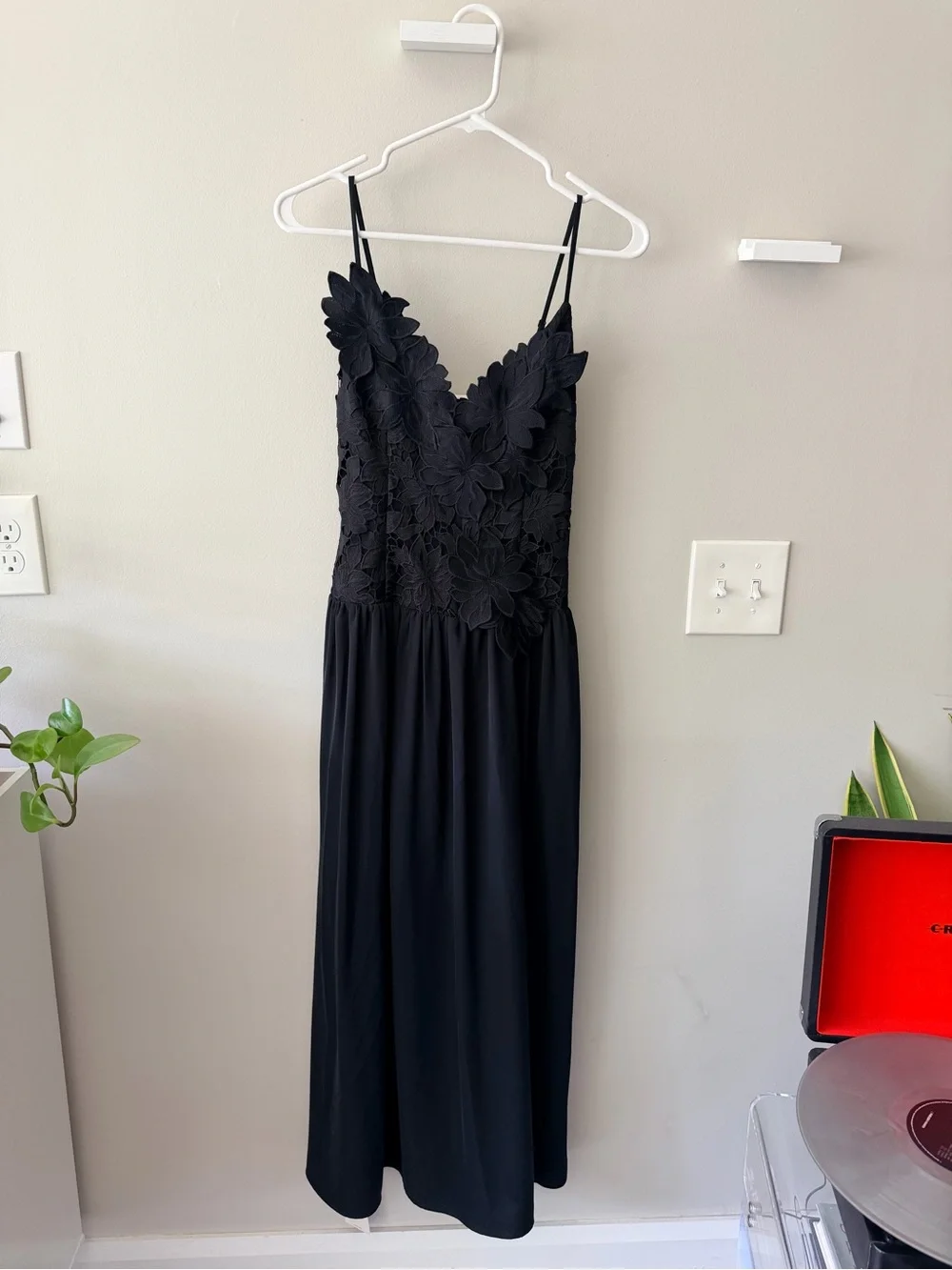Abercrombie Black Floral Appliqué Strap Maxi Dress with Leg Slit